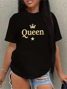 100% algodón Reina Dorada con Corona y Estrella - Negro - Ver 1