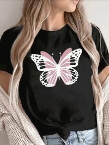 Camiseta de manga corta de poliéster, estampada con un diseño de mariposa rosa, ligera y duradera, adecuada para el hogar, cafeterías o actividades de ocio al aire libre, suave y cómoda para el uso diario. - Negro - Ver 1
