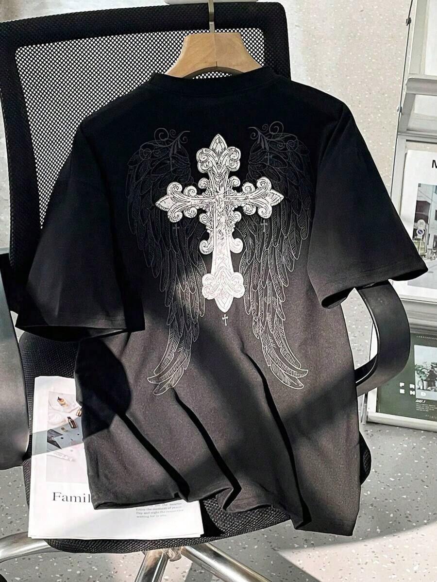 Casual Short Sleeve T-Shirt With Round Neck And Crossed Wings Print For Teenagers, Summer, Vacation - 黑色 2 - 查看 1