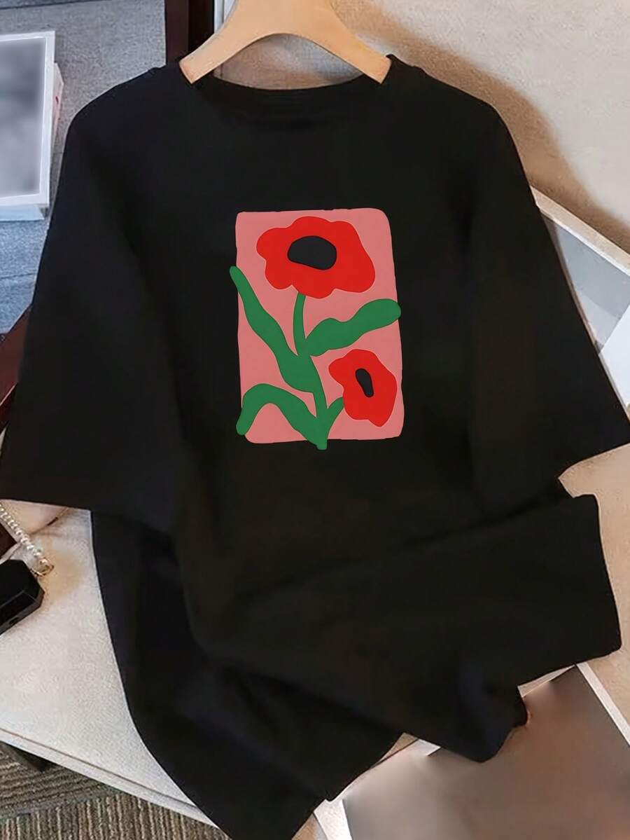 Fashionable Summer T-Shirt, Loose-Fitting, Round Neck, Versatile, Comfortable, Casual, Popular, Everyday Vitality, Short Sleeves - 黑色 - 查看 1