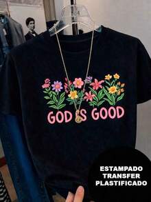 Playera con diseño de flores y frase God is Good, estilo bordado pero es estampado, colorido, casual, moderno, cuello redondo, manga corta, ideal para todos los días, llamativa, holgada, a la moda, ideal para tí. 100% algodón, estilo Y2K Bababask - Negro - Ver 1