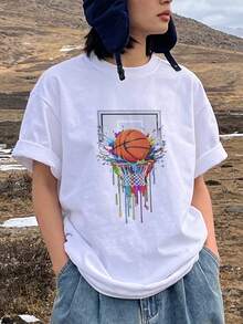 Women's Summer Clothing, Casual Soft Cotton T-Shirt With Round Neck, Colorful Ink Splatter Basketball Art Print. White. - 白色 - 查看 2