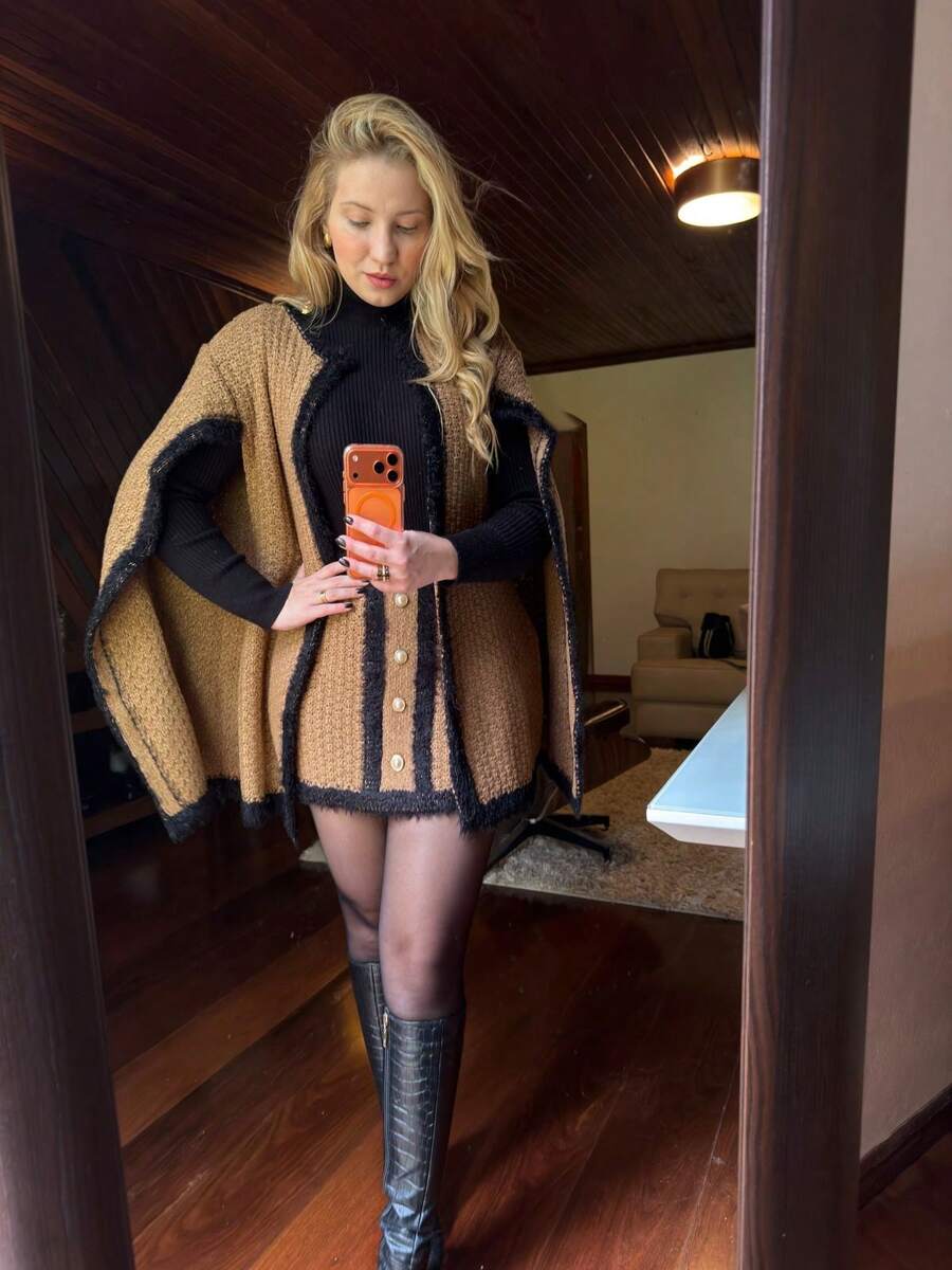 Luxury Premium Knit Set: Cape, Blazer, And Skirt - 金色 - 查看 1