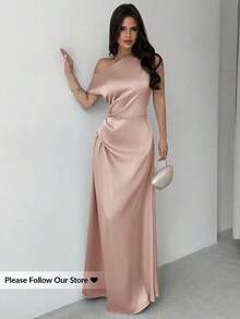 Vestido elegante asimétrico de hombro con pliegues y bajo de cola de sirena en color verde, adecuado para citas, vacaciones, bodas, eventos, regreso a la escuela, graduación, vestido de dama de honor formal, vestidos elegantes para mujer - Rosa - Ver 8