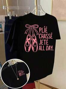 1 Men's And Women's Casual Fashion Short Sleeve T-Shirt - Ballet Shoe Print, Ballet Terminology - Spring/Summer Printed T-Shirt For Women, Casual Fashion Item. Versatile, Easy To Match, Suitable For Daily Wear, Urban Style, Vacation Wear, Weekend Wear. - 黑色 - 查看 1
