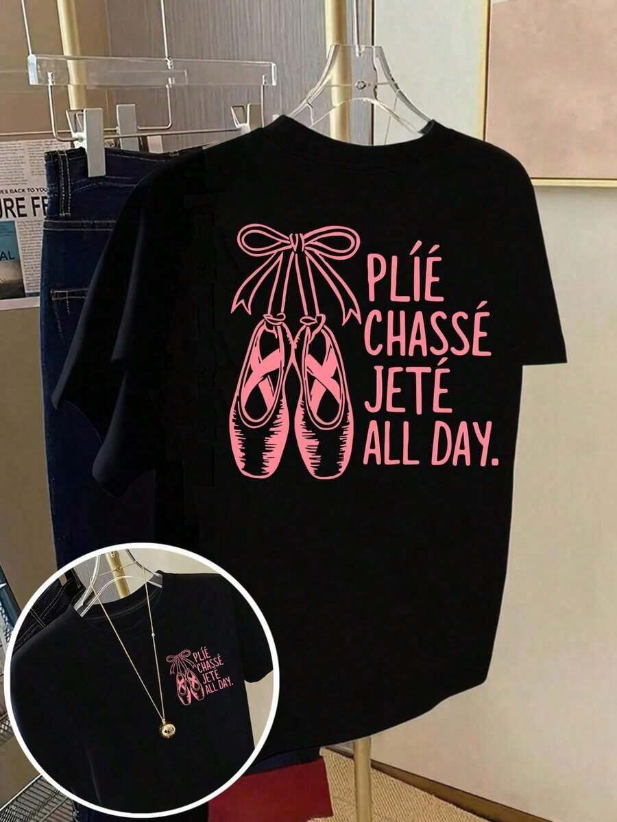 1 Men's And Women's Casual Fashion Short Sleeve T-Shirt - Ballet Shoe Print, Ballet Terminology - Spring/Summer Printed T-Shirt For Women, Casual Fashion Item. Versatile, Easy To Match, Suitable For Daily Wear, Urban Style, Vacation Wear, Weekend Wear. - 黑色 - 查看 1