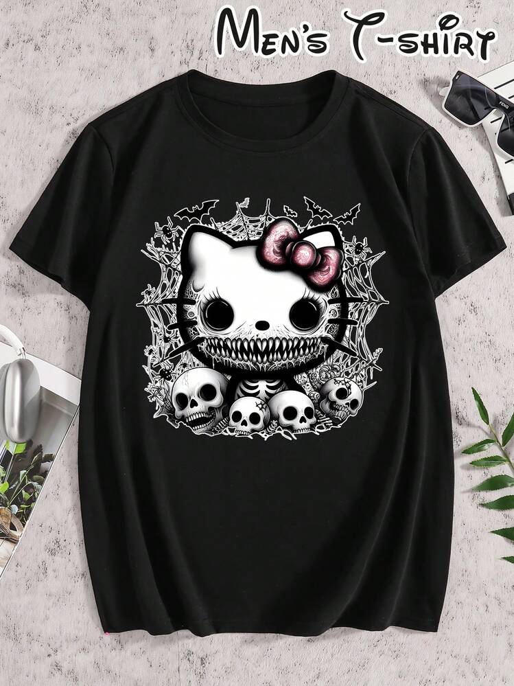[Licensed]-Men's Crew Neck T-Shirt With Gothic Skull Theme Print, Sporty Short Sleeve, Breathable And Casual, Regular Fit, Suitable For Holidays, Gatherings, Parties, Outdoor Activities, Birthday Gift, Holiday Gift, Urban Fashion, High Quality Fabric, Loose And Comfortable. - 白色 - 查看 10