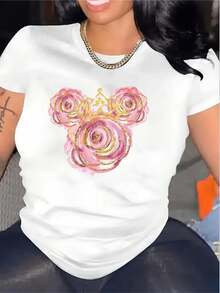 TideWomen Pure White T-Shirt: Kingdom Of Petals: Pink T-Shirt With Golden Crown, High-Quality Fashion - 黑色 - 查看 1