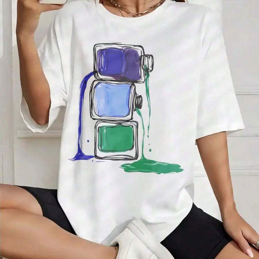 White Short Sleeve T-Shirt With Colorful Ink Bottle Print For Casual Wear - High Quality - 白色 - 查看 1