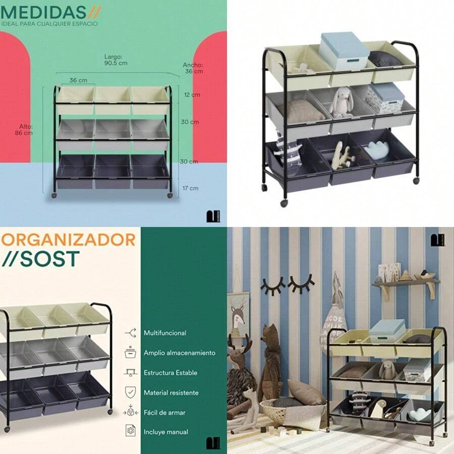 MUBSON Carrito Organizador Multiusos con 9 Compartimientos y Ruedas. Juguetero Organizador. Carrito Auxiliar SOST para Alacena, Baño, Recámara, Oficina. Cajonera. Gavetas Organizadoras Gris - Gris - Ver 1