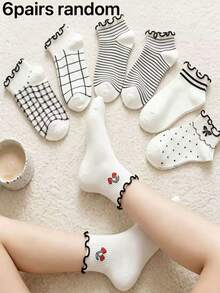 6 pares de calcetines de tobillo con adorno de encaje, estilo princesa de corte bajo con rayas, cereza, unicolor, calcetines con dobladillo con volantes para mujer, nuevos para primavera/verano - Multicolor - Ver 9