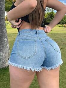 夏季休闲女式浅蓝色做旧牛仔短裤，高腰直筒设计，毛边裤脚 - 藍色 - 查看 2