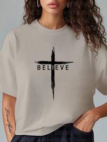 Women's & Men's Casual White T-Shirt With 'Believe' Cross Print, 100% Cotton, Short Sleeve, Crew Neck, Plus Size Regular Fit For All Seasons, 180G Fabric - Various Colors, 'Choir VBS' Christian Faith T-Shirt For Christmas, Thanksgiving, Halloween - 杏色 - 查看 6