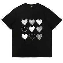Hand-Drawn Heart Graphic T-Shirt, Cute Love-Themed T-Shirt, Casual Everyday Wear, Gift For Women, Romantic Valentine's Day T-Shirt - 黑色 - 查看 1