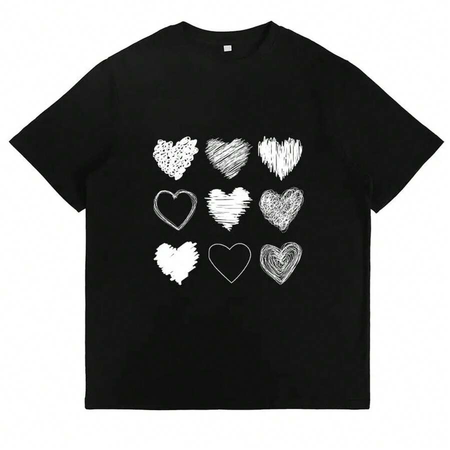 Hand-Drawn Heart Graphic T-Shirt, Cute Love-Themed T-Shirt, Casual Everyday Wear, Gift For Women, Romantic Valentine's Day T-Shirt - 黑色 - 查看 1