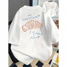 Camiseta de algodón de manga corta para mujer, con estampado de croissants, suave y transpirable, cuello redondo, informal, para uso diario y salidas rápidas a tomar un café. - Blanco - Ver 5
