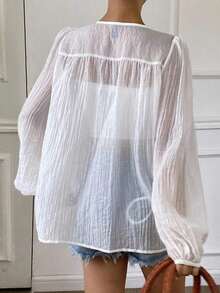 Camisa de mujer casual y versátil de unicolor con lazo - Blanco - Ver 2