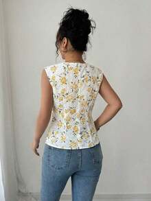 Blusa elegante y vintage de mujer con estampado floral diminuto, sin mangas, con cuello y abotonada, de estilo romántico francés campestre para el verano - Multicolor - Ver 3