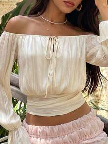 Lucivie Blusa blanca elegante y casual de hombros descubiertos para el verano - Blusa de manga larga con volantes y puños a rayas transparentes con lazo delantero, perfecta para vacaciones en la playa, fiestas y uso diario casual, conjunto elegante casual para vacaciones en la playa y eventos de noche, versátil para vacaciones de verano, fiestas y ropa de estar en casa - Albaricoque - Ver 8