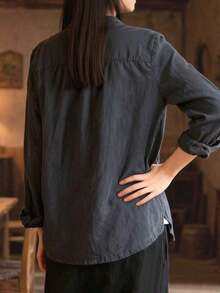 Camisa de manga larga de unicolor, suelta, casual y cómoda para mujer, primavera - Azul marino - Ver 2