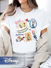 Disney Vacation T-Shirt With Watercolor Zootopia Design And Coquette Bow For Independence Day, Casual Round-Neck Short-Sleeve Shirt - 白色 - 查看 6