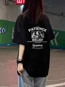 Women's Personalized Short Sleeve T-Shirt With Black Letter Print, Loose Summer Design - Unisex Urban Vintage Style, Loose Cotton Short Sleeve Crew Neck T-Shirt - 黑色 - 查看 5