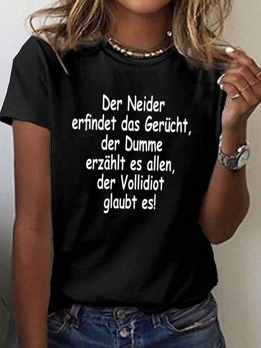Camiseta gráfica divertida con temática alemana, camiseta casual de manga corta con cuello redondo perfecta para primavera y verano, ropa de mujer - Negro - Ver 1