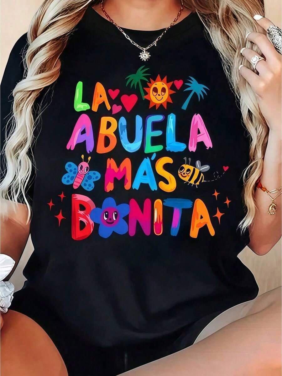 1 pieza de ropa para mujer: camiseta negra con estampado de letras coloridas, camisas, top blanco, camisetas gráficas para mujer, camiseta unisex casual de cuello redondo, tejido ligero de 220 g/m², lavable a máquina, para primavera/verano/otoño, Día de la Madre, Día de los Abuelos, cumpleaños - Estilo vintage urbano, camiseta unisex holgada de algodón de manga corta con cuello redondo, 100% algodón. - Negro - Ver 1