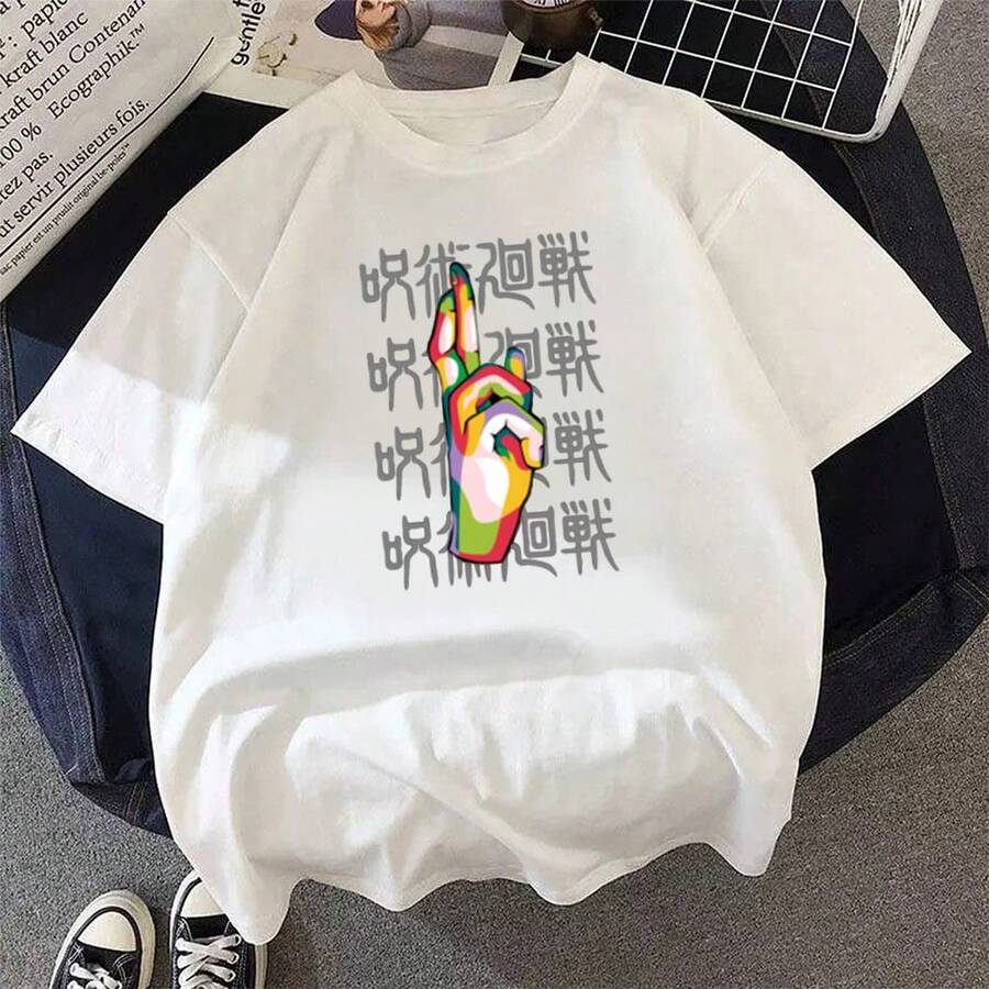Camiseta unisex Gojoss-Hand con estampado retro de anime y dibujos animados, ideal para el verano, estilo casual y holgado. - Blanco - Ver 1