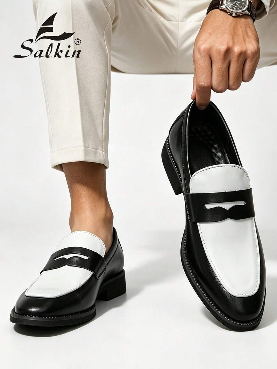 Salkin 男士便帽樂福鞋 正裝皮鞋 休閒商務社交鞋 適合辦公室、派對、婚禮,請選擇大一號 - 黑與白 - 查看 1