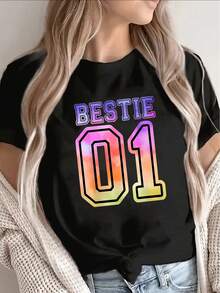 Women's Short-Sleeved T-Shirt, Lightweight And Durable, Black With Rainbow Print Design, Perfect For Casual Wear, Daily Outings, Parties Or Spending Time With Friends. - 黑色 - 查看 1