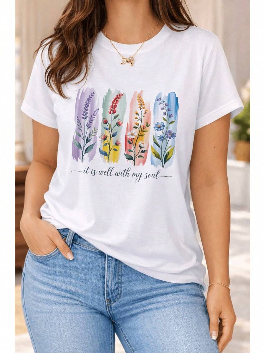 Camisa de manga corta para mujer con estampado floral acuarela y cita en inglés, diseño casual espiritual artístico botánico - Blanco - Ver 1