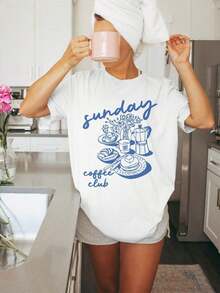 Camiseta de manga corta para mujer, estilo casual de verano, con estampado de letras y diseño de café del domingo, hombros caídos, 2026 - Blanco - Ver 11