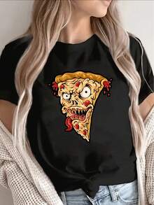 Camiseta de manga corta para mujer, diseño con estampado de pizza zombie, base negra, ropa casual de moda con temática de terror, perfecta para atuendos divertidos, ajuste cómodo, adecuada para uso diario o eventos de fiesta. - Negro - Ver 6
