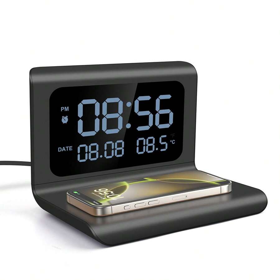 Wireless Charger Dock With Digital Alarm Clock, Fast Charging Station Compatible With IPhone 17/16/15/14/13/12, Compatible With Samsung Galaxy Phone, Desktop Charger Stand With Time, Date And Temperature - Black - View 1