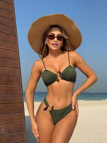 Bikini de dos piezas con diseño sexy, hueco, con cuentas, de color sólido y textura acanalada TUME - Verde militar - Ver 12