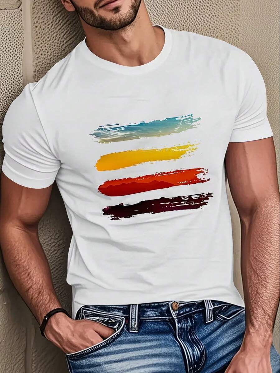 Camiseta para hombre, con estampado moderno, esta camiseta de manga corta para hombre presenta un estampado artístico de pinceladas en degradado en la parte frontal, con cuatro capas de color que reproducen el ambiente natural de las montañas al atardecer. Las pinceladas son informales y de espíritu libre, creando una sensación de atmósfera artística, adecuada para diversas ocasiones como el desplazamiento diario y salidas informales. El clásico cuello redondo se ajusta cómodamente al cuello, sin restricciones; el corte ajustado, ligeramente holgado, es adecuado para todo tipo de cuerpo, permitiendo un movimiento sin restricciones, y la prenda superior es sencilla y elegante. La técnica de impresión es exquisita, con colores brillantes y duraderos, que reflejan fácilmente el gusto artístico y la individualidad. Es un imprescindible en el guardarropa de los jóvenes artistas y de los hombres a la moda, creando sin esfuerzo un atuendo elegante. - Blanco - Ver 1