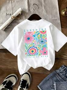 Camiseta Casual de Corte Holgado para Mujer con Estampado Floral "Sunshine State of Mind", Transpirable y Cómoda, Manga Corta, Cuello Redondo, Estampado de Flores en Acuarela Brillante, Algodón Suave, Perfecta para Uso Diario y Estilo de Playa de Verano. - Blanco - Ver 1