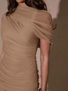 xhe X GALILEA   Vestido ajustado con pliegues elegantes, adecuado para cóctel, cita romántica, capas de otoño/invierno, fiesta, reunión formal, Halloween, Navidadxhe - Caqui - Ver 5