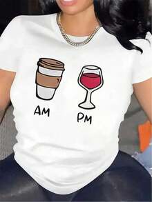 Camiseta Gráfica de Café y Vino AM/PM para Mujer - Diseño de Café Matutino y Vino Nocturno - Camiseta Ligera de Poliéster para Camareras, Ropa Casual para el Día a Día - Camiseta Lavable a Máquina para Uso Diario - Blanco - Ver 1