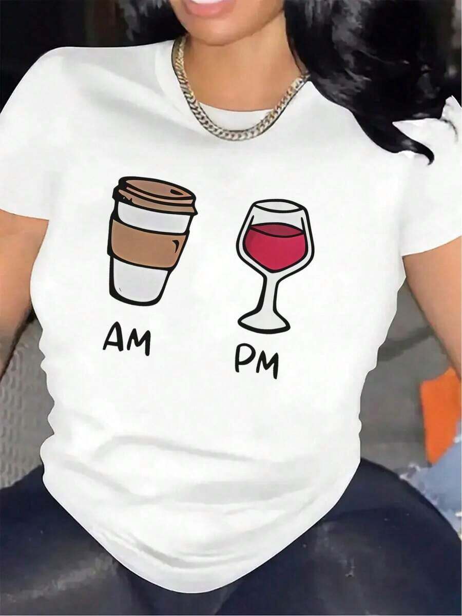 Camiseta Gráfica de Café y Vino AM/PM para Mujer - Diseño de Café Matutino y Vino Nocturno - Camiseta Ligera de Poliéster para Camareras, Ropa Casual para el Día a Día - Camiseta Lavable a Máquina para Uso Diario - Blanco - Ver 1
