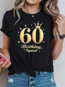 Suave, transpirable y ligera para comodidad durante todo el día. Camiseta de mujer "60th Birthday Squad" - Blusa de manga corta con cuello redondo - Top compatible con letras de cumpleaños, ropa casual de primavera y verano adecuada para fiestas, regalos, lavable a máquina. Cuello redondo clásico con un corte relajado que favorece todas las formas del cuerpo y es fácil de combinar con jeans, shorts y leggings. - Negro - Ver 1