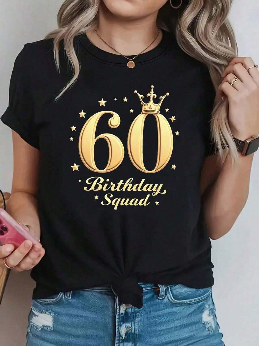 Suave, transpirable y ligera para comodidad durante todo el día. Camiseta de mujer "60th Birthday Squad" - Blusa de manga corta con cuello redondo - Top compatible con letras de cumpleaños, ropa casual de primavera y verano adecuada para fiestas, regalos, lavable a máquina. Cuello redondo clásico con un corte relajado que favorece todas las formas del cuerpo y es fácil de combinar con jeans, shorts y leggings. - Negro - Ver 1