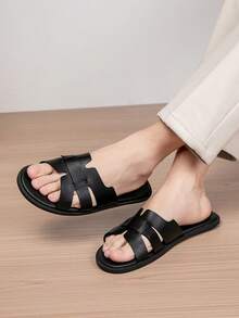 Sandal Selop Musim Panas, Desain Minimalis, Tali Ganda yang Bernapas, Tekstur Anyaman, Elegan untuk Dipakai di Luar & Dalam Ruangan - Hitam - View 6