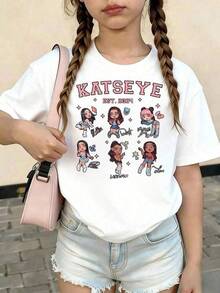 Camiseta de manga corta de verano para chicas a la moda, estampado con el diseño Katseye Chibi Members Est.2024, top casual versátil con estampado. Ropa de hombre, cosas para hombre, ropa de mujer, blusas casuales bonitas. - Blanco - Ver 1