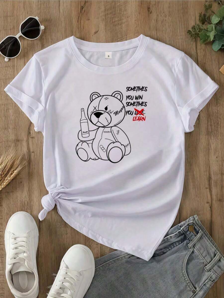 Nuevas llegadas para el verano. Camiseta con estampado gráfico, manga corta, cuello redondo, top casual para verano y primavera, ropa de mujer, blusa, camisa > Hermosa. - Blanco - Ver 1
