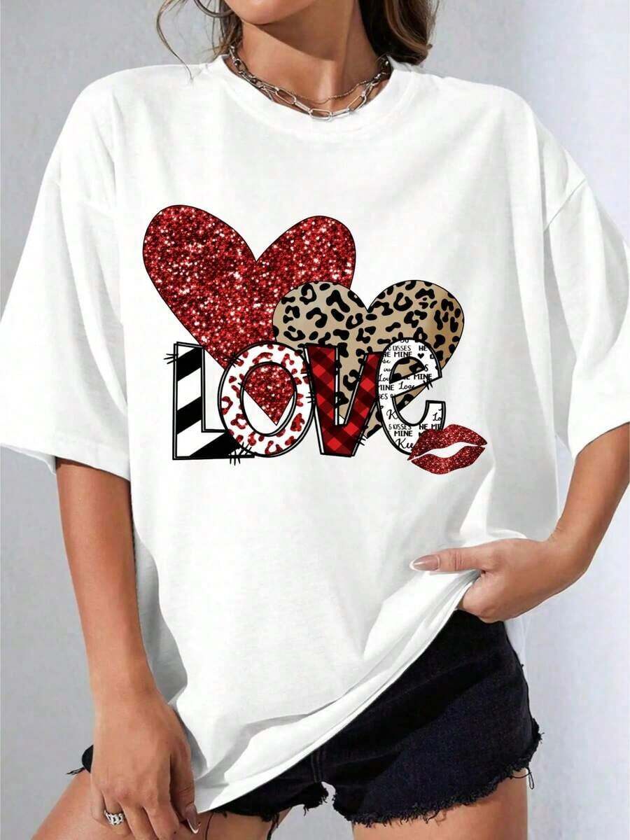 Black And White T-Shirt For Girls, Plus Size White T-Shirt With Sparkling Heart Design, Leopard And Stripe Print For Casual Wear And Outdoor Valentine's Day Parties, 180g Casual Printed T-Shirt - 白色 - 查看 1