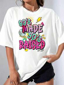 Camiseta Blanca y Negra para Mujer, Camiseta Blanca Oversize Estilo Años 80, Fabricada en los 90, con Estampado Gráfico Retro Neón en Relieve, para Uso Casual, Atuendo de Fiesta, Moda Urbana, Fiesta al Aire Libre, Camiseta Estampada Casual de 180g - Blanco - Ver 7