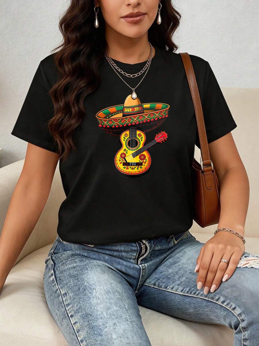 Camiseta de Mujer, Camiseta Estampada de Manga Corta para Mujer, Cómoda y Elegante para Uso Diario Casual, Combinada con un Sombrero Mexicano de Ala Ancha con Estampado y Guitarra, Camisetas para Salir de Fiesta para Mujer - Negro - Ver 1