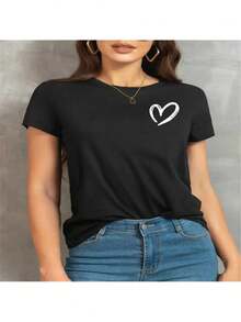 Vintage-Inspired Geometric Print T-Shirt For Women - Casual Crew Neck, Short Sleeve Top, Breathable Polyester, Machine Washable - Black - View 1
